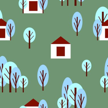 Kışlık mavi ağaçlar ve beyaz evle kusursuz bir düzen. Yeşil arka plan. Çizgi film düz stili. Bahçe ya da orman. Mutlu noeller. Kartpostallar, duvar kağıtları, tekstil, hatıra defteri ve ambalaj kağıdı.