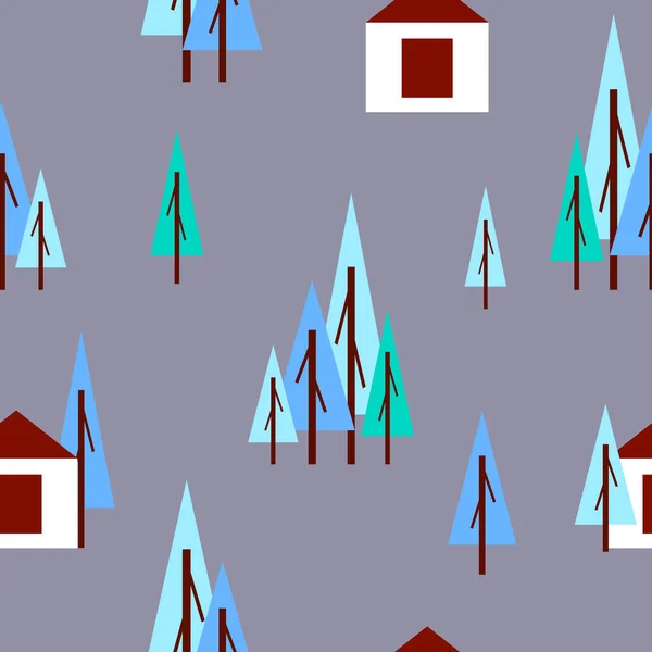 Patrón Sin Costuras Con Abetos Azules Invierno Casa Blanca Fondo — Archivo Imágenes Vectoriales