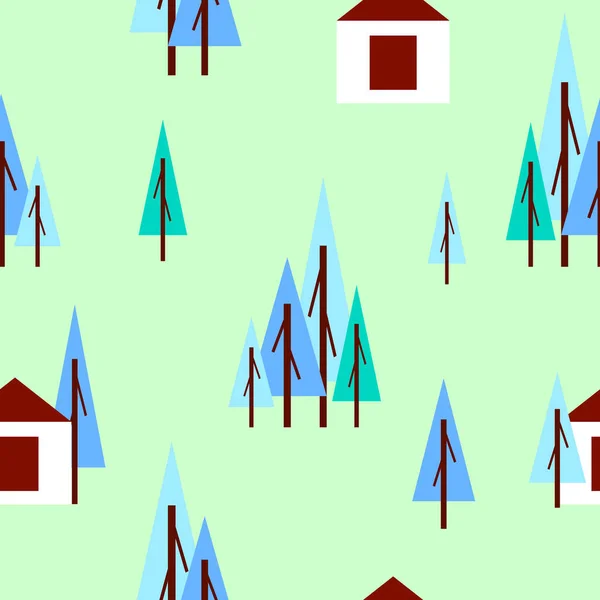 Nahtloses Muster Mit Winterblauen Tannen Und Weißem Haus Grüner Hintergrund — Stockvektor