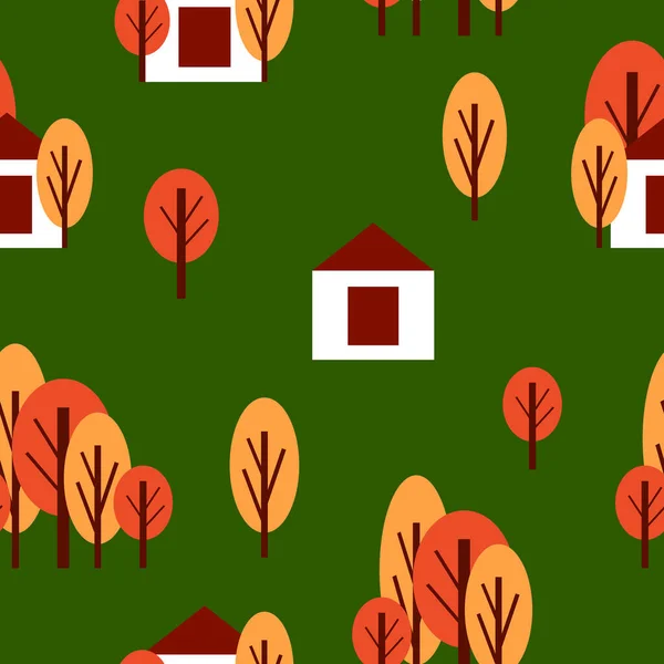 Бесшовный Узор Осенними Деревьями Белым Загородным Домом Красный Оранжевый Зеленый — стоковый вектор