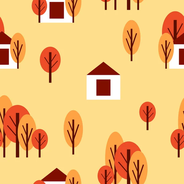 Бесшовный Узор Осенними Деревьями Белым Загородным Домом Красный Оранжевый Желтый — стоковый вектор