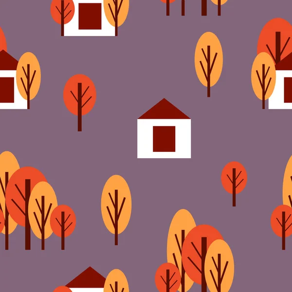 Бесшовный Узор Осенними Деревьями Белым Загородным Домом Красный Оранжевый Серый — стоковый вектор