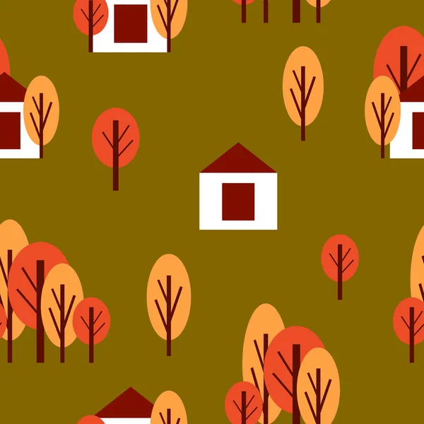 Бесшовный Узор Осенними Деревьями Белым Загородным Домом Красный Оранжевый Зеленый — стоковый вектор