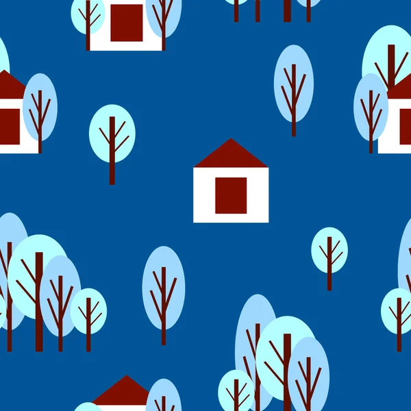 无缝隙图案 冬季蓝树 白色房子 蓝色背景 卡通平面风格 花园或森林 圣诞快乐 明信片 纺织品 废纸和包装纸 — 图库矢量图片