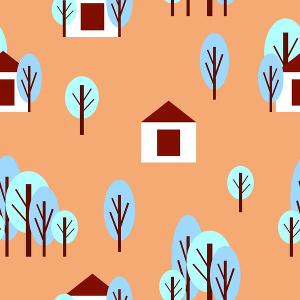 冬の青い木と白い家とシームレスなパターン オレンジの背景 漫画のフラットスタイル 庭や森 メリークリスマス はがき スクラップブッキングや包装紙 — ストックベクタ