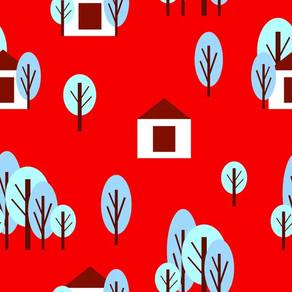 冬の青い木と白い家とシームレスなパターン 赤の背景 漫画のフラットスタイル 庭や森 メリークリスマス はがき スクラップブッキングや包装紙 — ストックベクタ