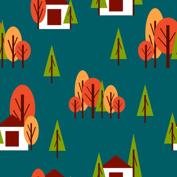 Seamless Pattern Autumn Trees White Country House Red Green Orange — Stock Vector