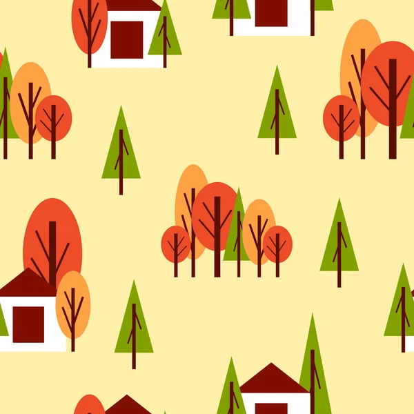 秋の木々や白いカントリーハウスとシームレスなパターン オレンジ 黄色の背景 漫画風 庭や森 はがき スクラップブッキングや包装紙 — ストックベクタ