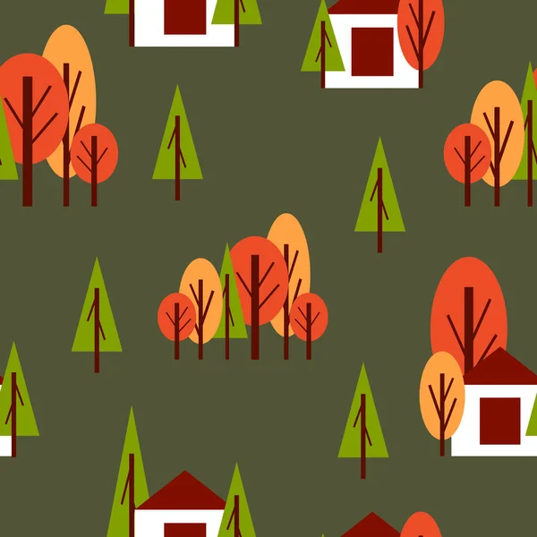 无缝隙的花纹 秋天的树 白色的乡村别墅 绿色和橙色 深绿色背景 卡通风格 明信片 纺织品 废纸和包装纸 — 图库矢量图片
