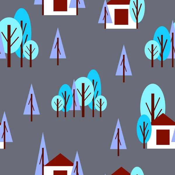 Безшовний Візерунок Зимовими Блакитними Деревами Білим Будинком Сірий Фон Плаский — стоковий вектор