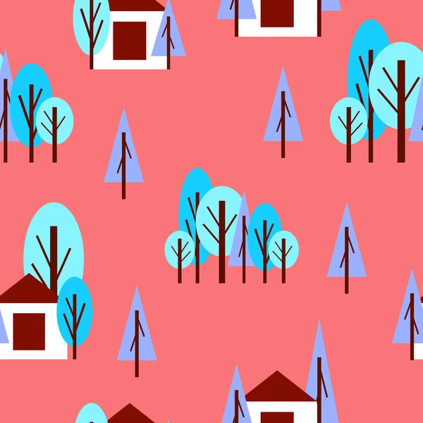 无缝隙图案 冬季蓝树 白色房子 粉色背景 卡通平面风格 花园或森林 圣诞快乐 明信片 纺织品 废纸和包装纸 — 图库矢量图片