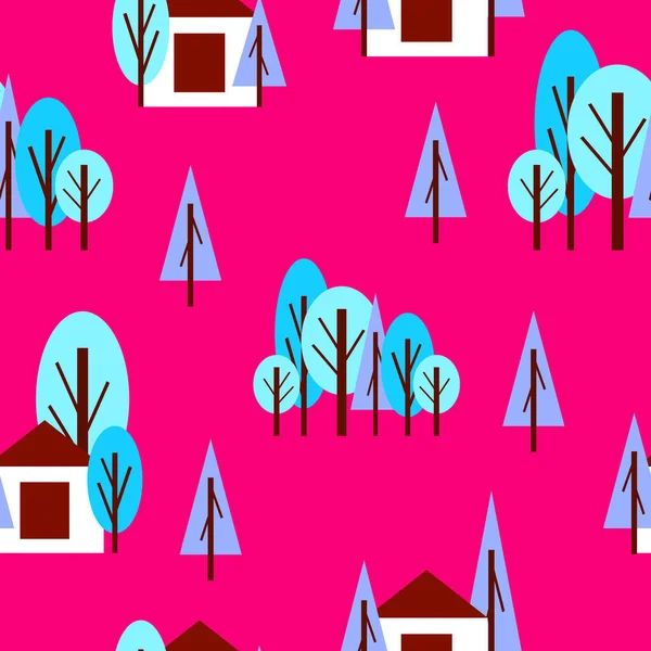 Naadloos Patroon Met Winterblauwe Bomen Wit Huis Roze Achtergrond Cartoon — Stockvector