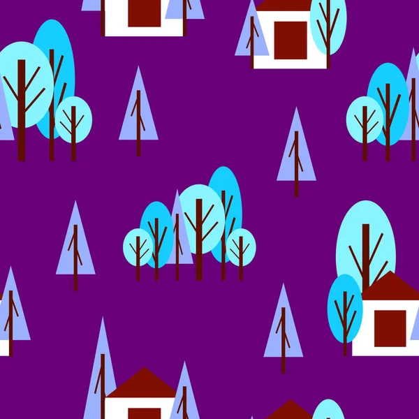 冬の青い木と白い家とシームレスなパターン バイオレットの背景 漫画のフラットスタイル 庭や森 メリークリスマス はがき スクラップブッキングや包装紙 — ストックベクタ