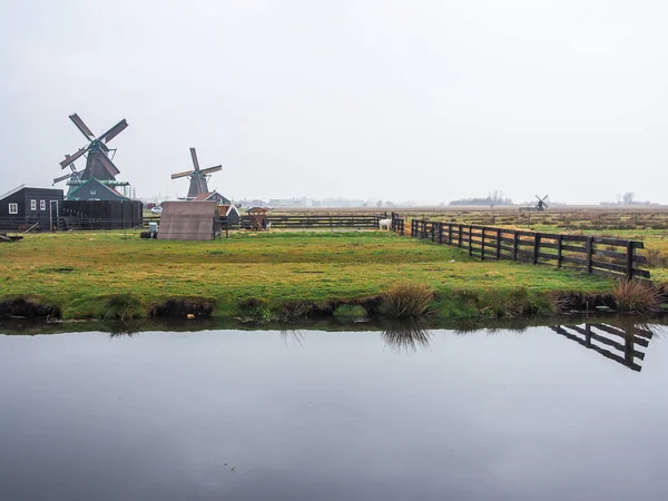 Historiska Väderkvarnar Zaanse Schans Stadsdel Den Nederländska Staden Zaandam Nära — Stockfoto