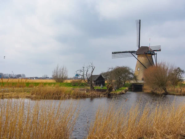 Landelijk Landschap Met Windmolens Gracht Bekende Kinderdijk Nederland — Stockfoto