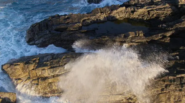 Coucher Soleil Des Falaises Contemplant Force Mer Les Montagnes Horizon — Photo