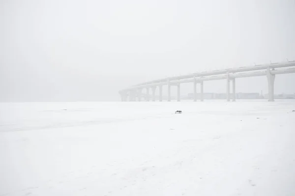 Kışın insan olmadan kayıp yol, karda üstgeçit.