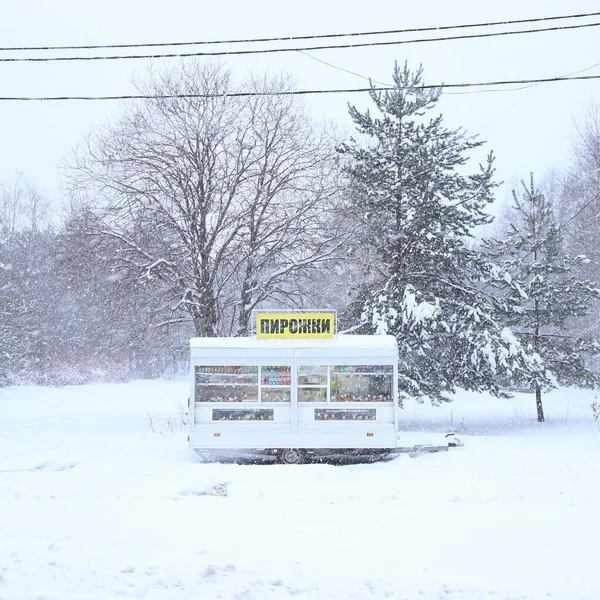 Kar yağışı sırasında ormanda yiyecek olan beyaz bir iz.