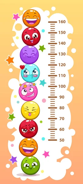 Kids height chart with funny cartoon colorful round characters. — Stock Vector