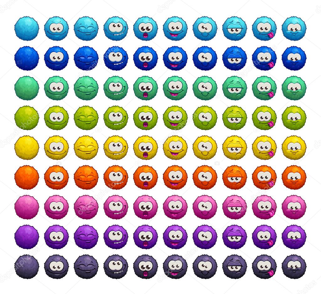 Cartoon colorful fluffy balls characters.