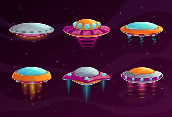 Cartoon colorful ufo assets set. — Stock Vector