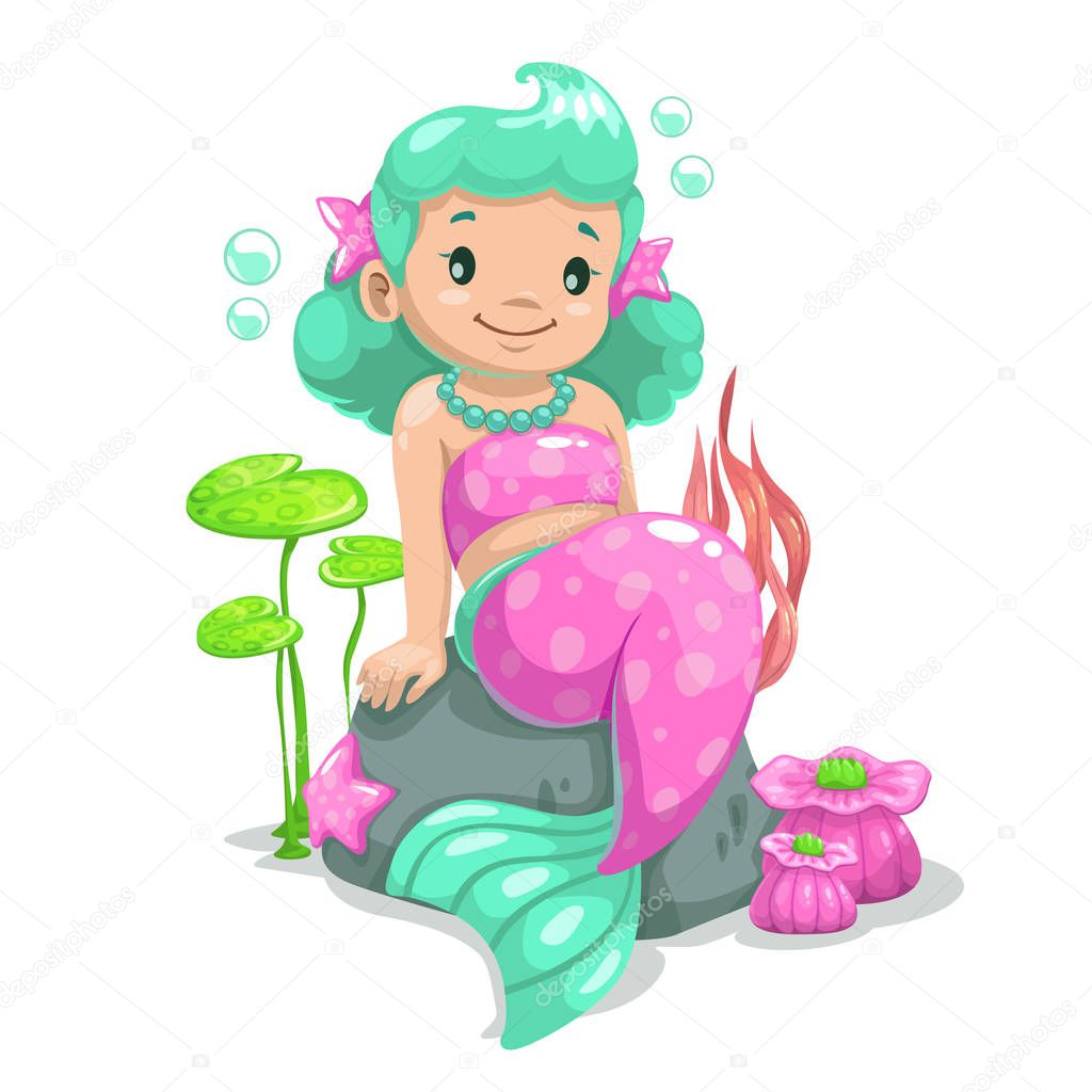 Little cute cartoon young mermaid