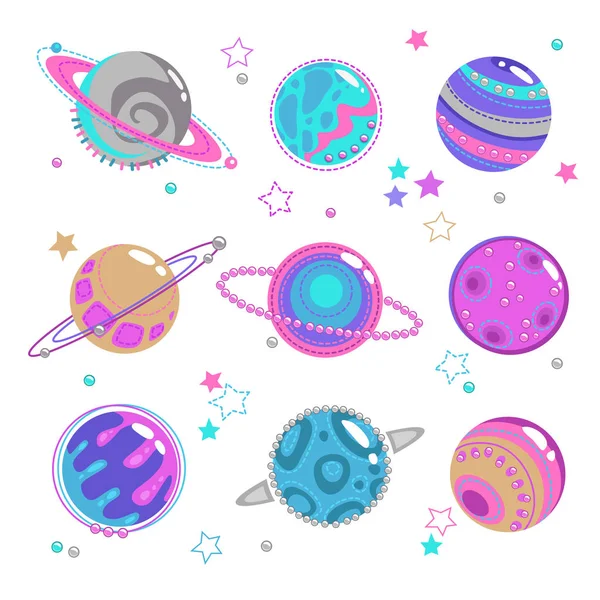 Cute decorative fantasy planet icons set. — Stock Vector