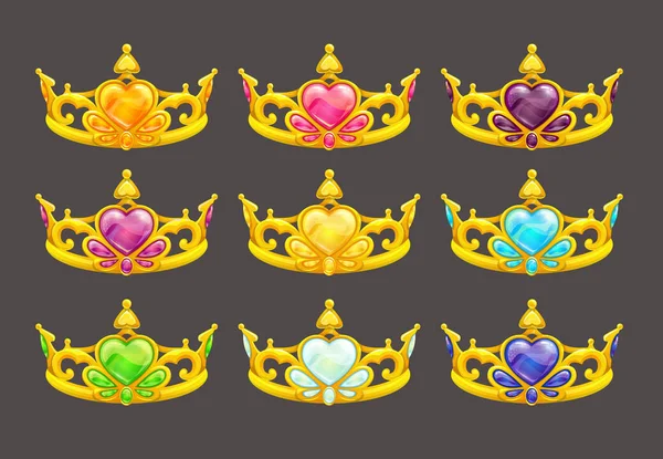 Dibujos animados coronas princesa de oro conjunto . — Vector de stock
