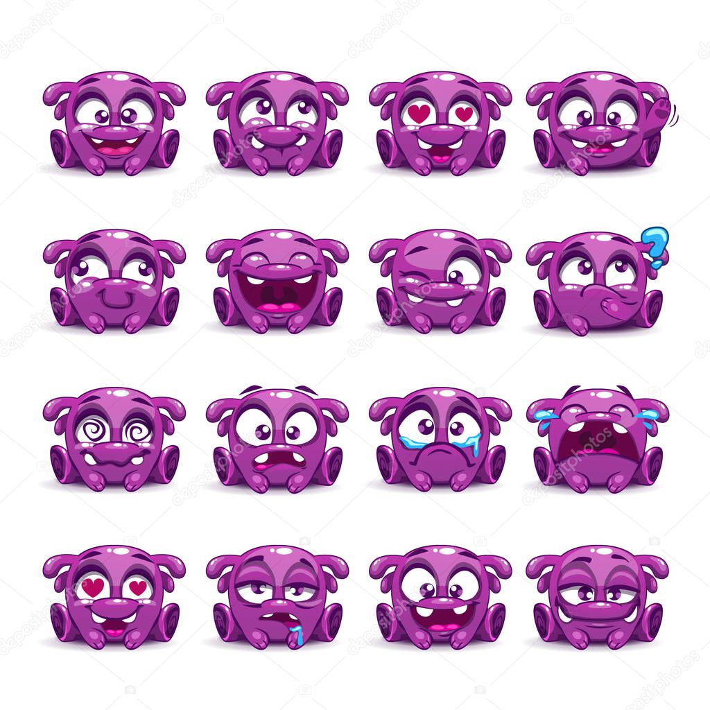 Little cute funny purple alien emotions set.