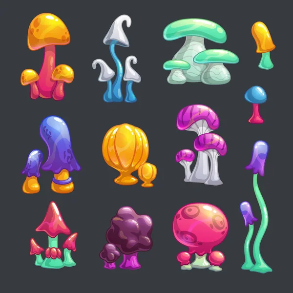 Cartoon colorful fantasy glossy vector mushrooms set. — Stock Vector