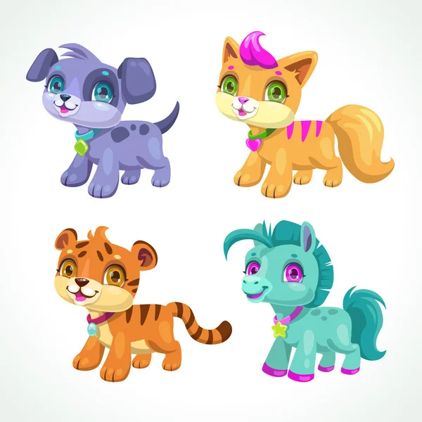 Little cute cartoon animals, vector icons set. — Stock Vector