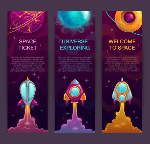 Horizontal space banners set. Rocket launch marketing illustration. — Stock Vector