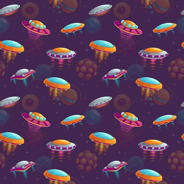 Naadloze kosmische patroon met kleurrijke cartoon UFO 's. — Stockvector