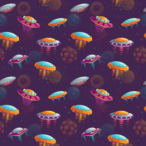 Seamless cosmic pattern with colorful cartoon UFOs.