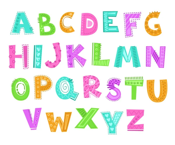 Śliczne dekoracyjne śmieszne alfabet dziecinna. Ilustracja komiks czcionka wektorowa. — Wektor stockowy