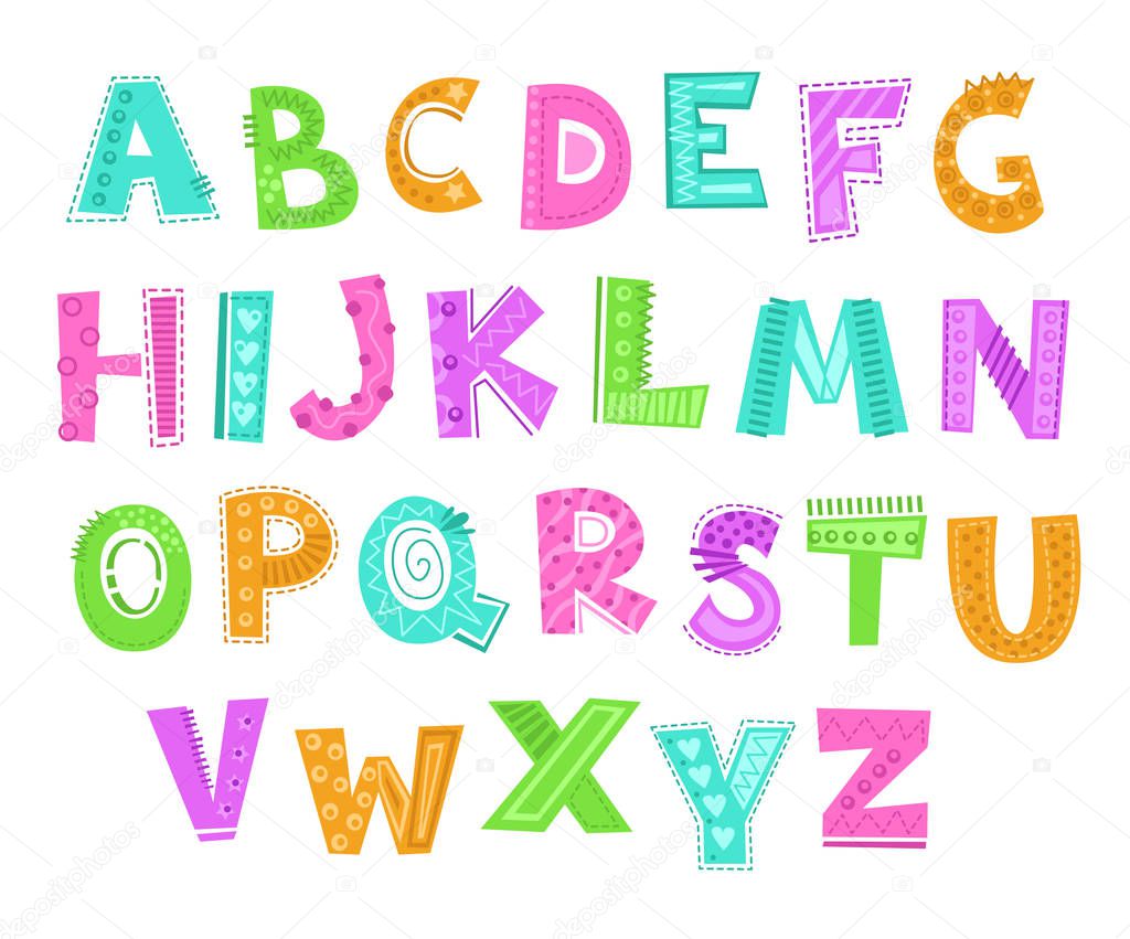 Cute decorative funny childish alphabet. Vector comic font illustration.
