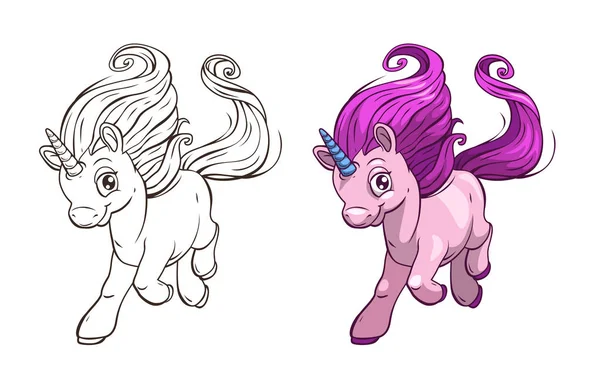 Mignon dessin animé jolie licorne. Aperçu et versions colorées . — Image vectorielle