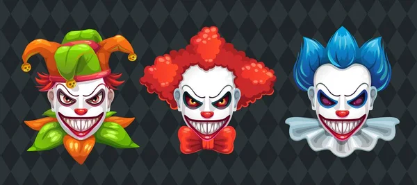 Gruselige Clownsgesichter gesetzt. Gruselige Halloween-Masken mit wütendem Lächeln. — Stockvektor