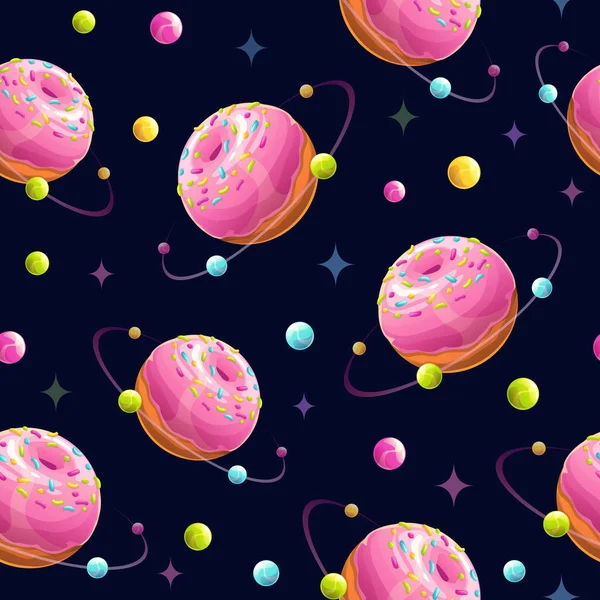 Patrón sin costuras ingenio deliciosos dibujos animados donut planetas . — Vector de stock