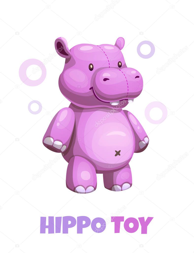 Cute cartoon violet hippo textile stuffed toy. Vector baby plush toy icon.