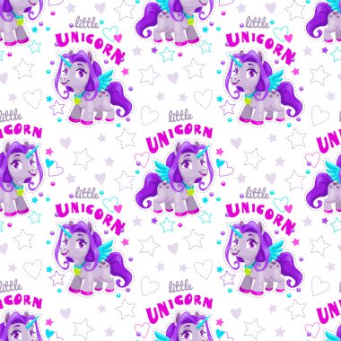 Sevimli çizgi mor unicorn ve sloganlar ile Seamless modeli.