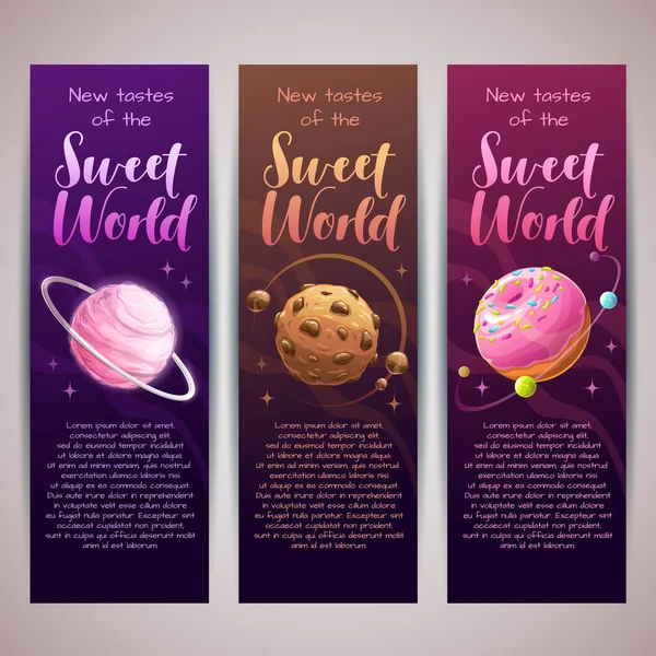 Zoete Planeten Banners Instellen Candy Shop Reclame Product Vector Cartoon — Stockvector