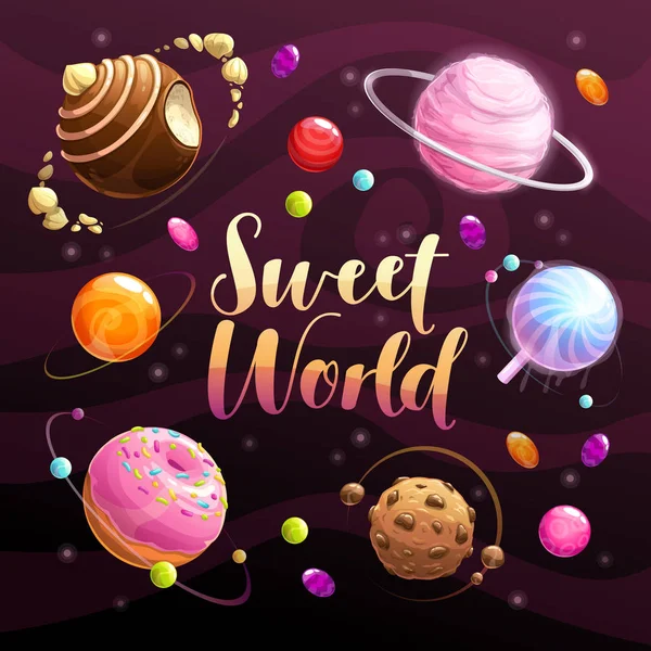 Poster del mondo dolce. Pianeti alimentari impostati sullo sfondo dello spazio . — Vettoriale Stock
