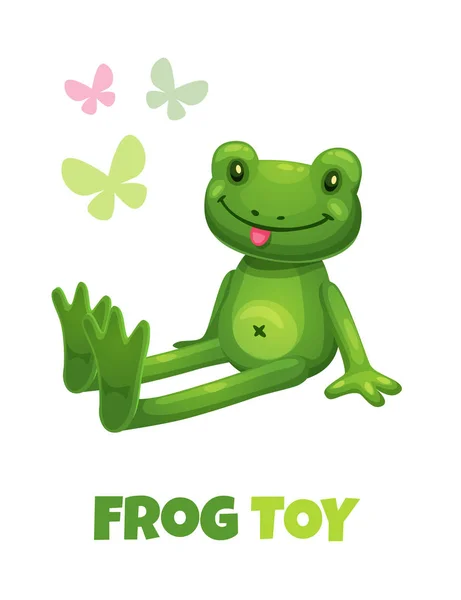 Cute cartoon green frog stuffed toy. Vector baby plush toy icon. — Stock Vector