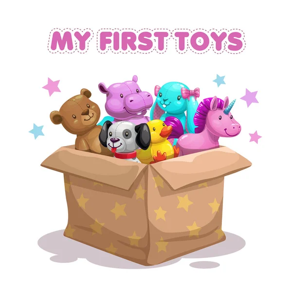我的第一个玩具。滑稽的纺织动物玩具在箱子里. — 图库矢量图片