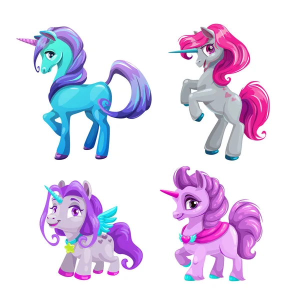 Little cute cartoon unicorn icons set. Beautiful fantasy pony. — Stock Vector