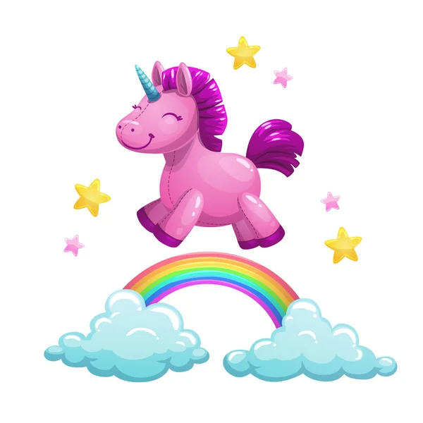 Schattig textiel unicorn speelgoed waarop de regenboog. Vectorillustratie. — Stockvector