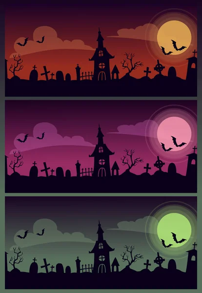 Halloween scary cartoon illustrations set. Creepy old graveyard landscape. — Stock Vector