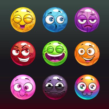 Komik jöle topları ile oyun geliştirme için emoji yüzler.