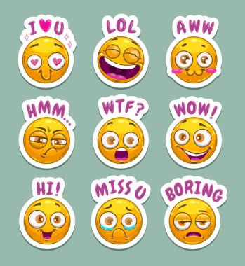 Sarı emoji yüz ve metin ile komik karikatür sopa.